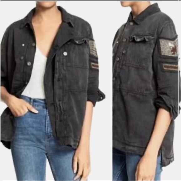 Free People Distressed Beaded Military Shirt Jacket EUC Black Washed Out XS - Picture 1 of 5